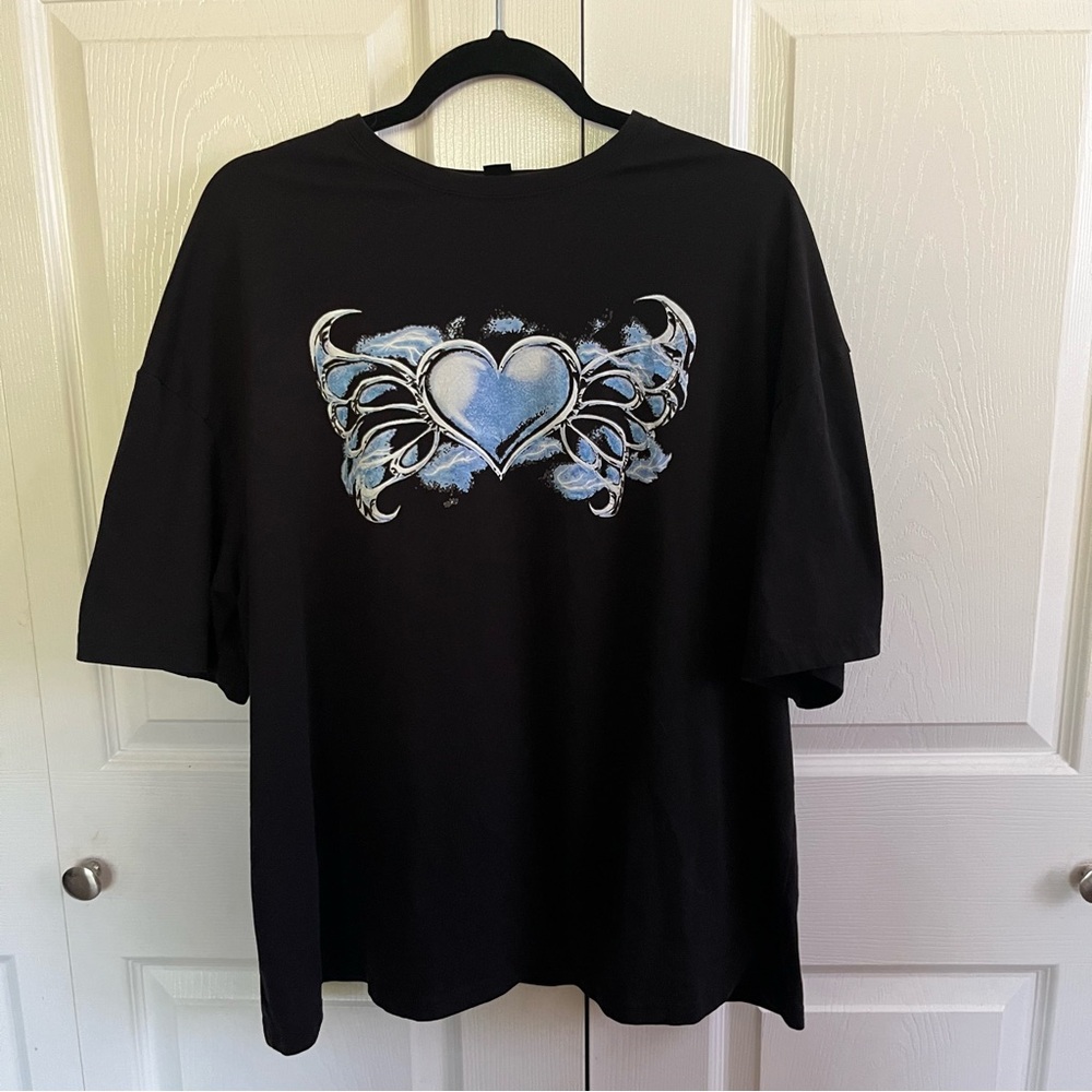 5 for $25! SHEIN Black T-Shirt with Blue Heart Design